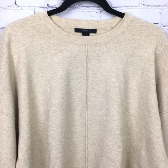 Forever 21 Drop Shoulder Boxy Oversized High Low Crew Neck Tan Pullover Sz S - Picture 2 of 12